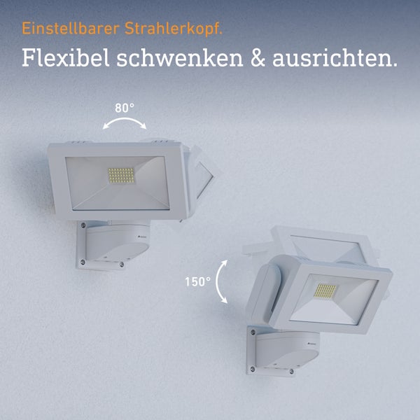 Steinel LED Strahler mit schwenkbarem Strahlerkopf zur flexiblen Ausrichtung um 80 Grad und 150 Grad.