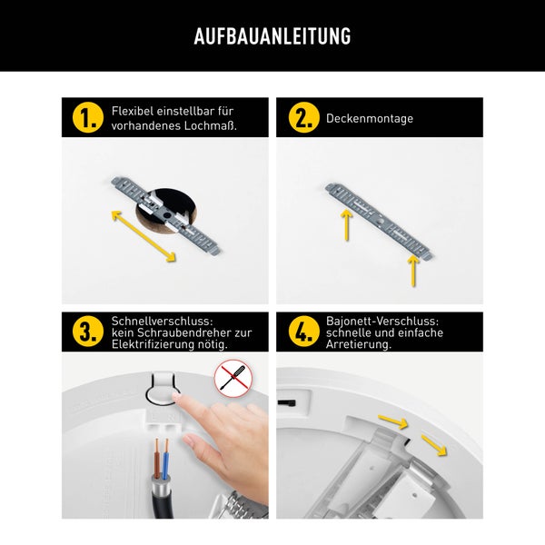 Montageanleitung mit den Schritten: Flexible Einstellung, Deckenmontage, Schnellverschluss und Bajonettverschluss