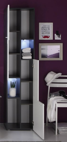 TetisBad Badschrank hoch 2 Türen, 2 offene Fächer Graphit Dekor, weiß Hochglanz. 40 X 30 X 182 cm