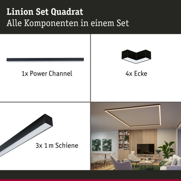 Linion Set Quadrat bestehend aus einer Power Channel, vier Eckverbindern und drei Schienen für eine quadratische LED Deckenbeleuchtung.