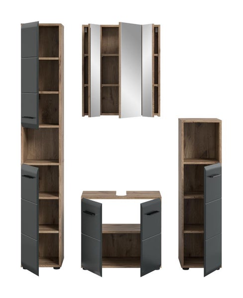 Badezimmermöbel-Set in Eiche-Optik mit anthrazitfarbenen Fronten: Hochschrank, Spiegelschrank, Waschbeckenunterschrank und Seitenschrank.