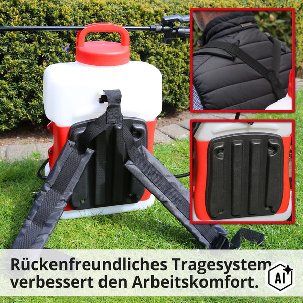 Rückenspritze mit ergonomischem Tragesystem und gepolsterten Schultergurten für Gartenarbeiten auf einer Rasenfläche.