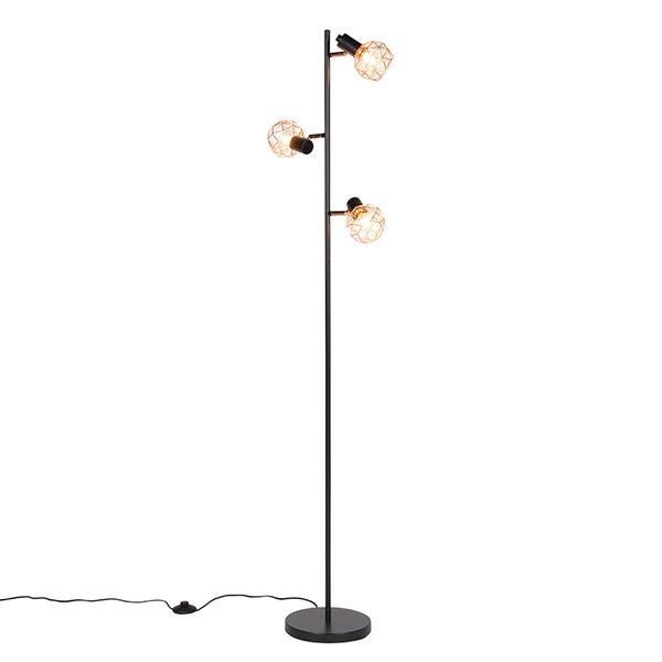 QAZQA - Modern Stehleuchte I Stehlampe I Standleuchte I Lampe I Leuchte schwarz mit Kupfer 3-Licht - Mesh I Wohnzimmer I Schlafzimmer - Stahl Länglich - LED geeignet E14