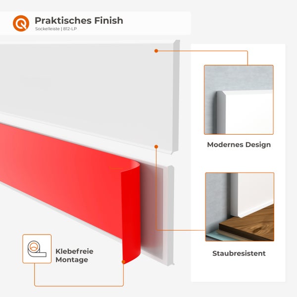 Sockelleiste mit modernem Design und staubabweisender Oberfläche zur klebefreien Montage