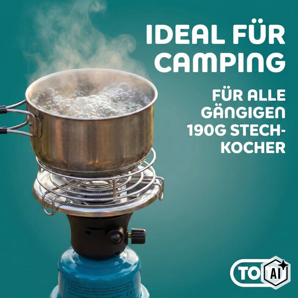 Camping Stechkartuschenkocher mit aufgesetztem Topf und kochendem Wasser, geeignet für gängige einhundertneunzig Gramm Gaskartuschen.