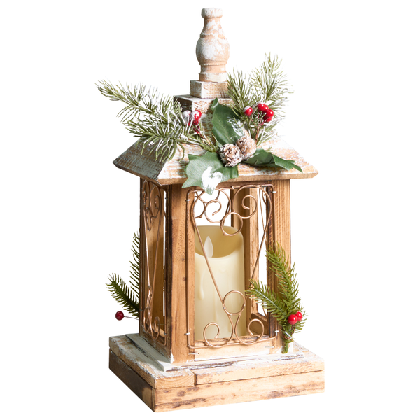 Dekorative Laterne aus Holz mit LED-Kerze und Weihnachtsschmuck