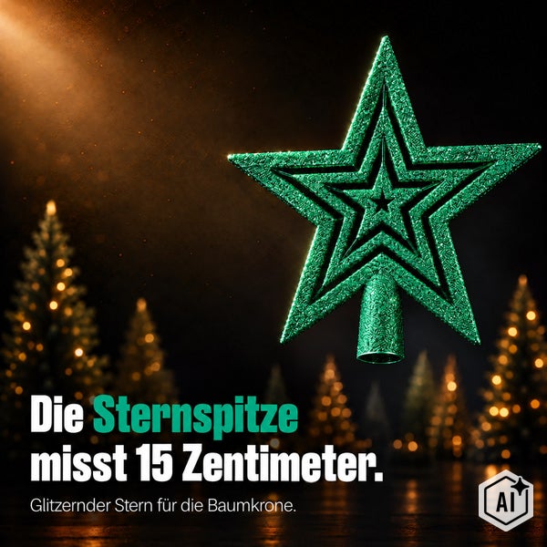 Glitzernde Weihnachtsbaumspitze in Sternform, 15 Zentimeter groß.