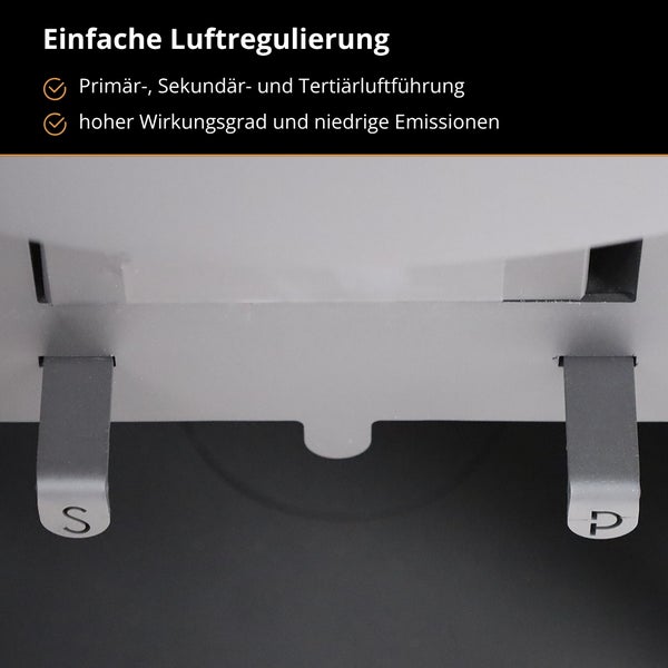 Detailansicht der Luftregler mit Kennzeichnung Primär- und Sekundärluft für einen Kaminofen zur effizienten Verbrennung.