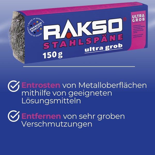 Rakso Stahlspäne ultra grob, 150 Gramm, zum Entrosten von Metalloberflächen und Entfernen von groben Verschmutzungen.