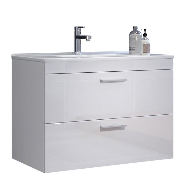 Devon unterschrank mit Waschbecken 2 Schubladen weiß, weiß Hochglanz. 81 X 47 X 59 cm