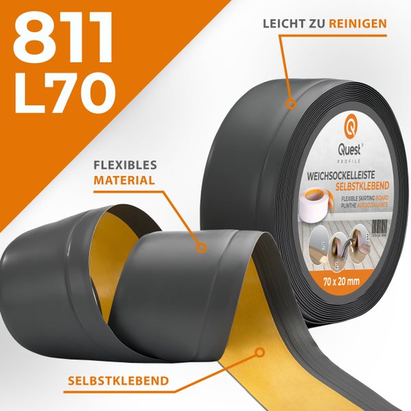 Quest Profile Weichsockelleiste selbstklebend 70 x 20 Millimeter als Rolle, flexibles und pflegeleichtes Material für Fußbodenabschlüsse.