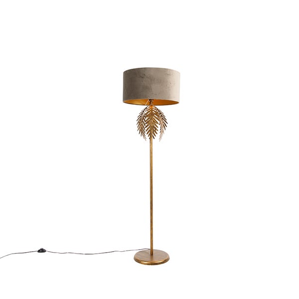 QAZQA - Landhaus I Vintage Vintage Stehlampe Gold I Messing mit Samtschirm Taupe 50 cm - Botanica I Wohnzimmer I Schlafzimmer - Stahl Länglich - LED geeignet E27