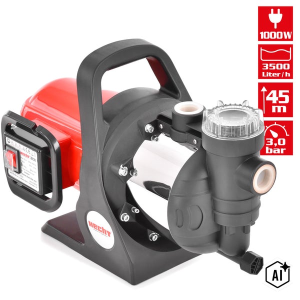 Hecht Gartenpumpe 3131 mit 1000 Watt Leistung, 3500 Liter pro Stunde Fördermenge und 45 Meter Förderhöhe sowie Hecht Logo.