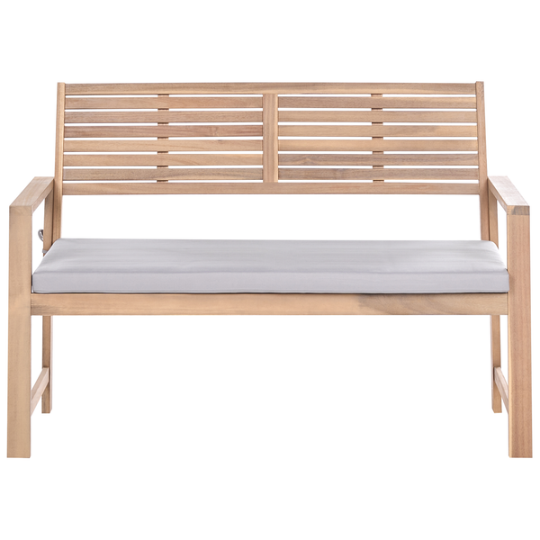 Holzbank mit grauer Sitzauflage für den Garten