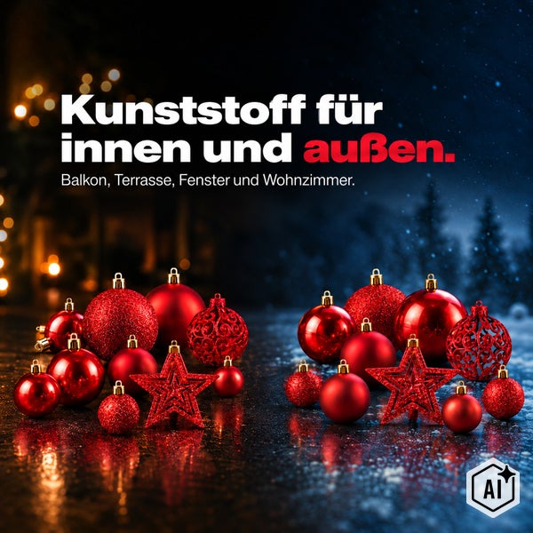 Weihnachtskugeln und Sterne aus Kunststoff für innen und außen, geeignet für Balkon, Terrasse, Fenster und Wohnzimmer.