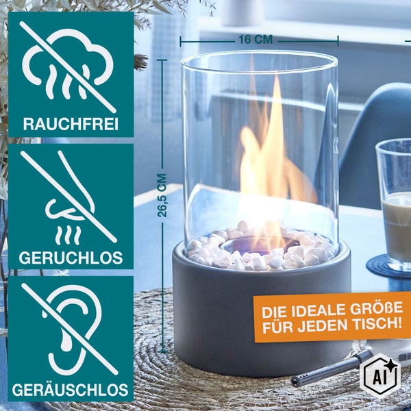 Tischkamin mit Glaszylinder und Steindekor, rauchfrei, geruchlos und geräuschlos, Maße 16 Zentimeter mal 26,5 Zentimeter für jeden Tisch geeignet.