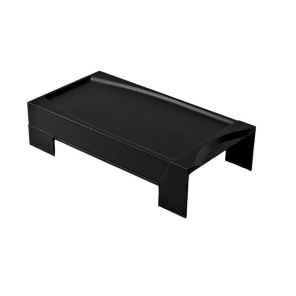 Schwarze Monitorerhöhung aus Kunststoff, rechteckige Form.