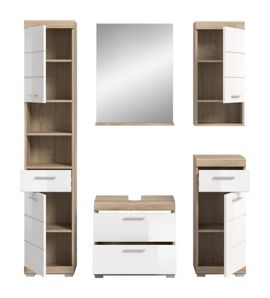 Modernes Badezimmermöbel-Set in Eiche-Optik mit weißen Hochglanzfronten, bestehend aus Hochschrank, Unterschrank, Spiegel und Hängeschrank.