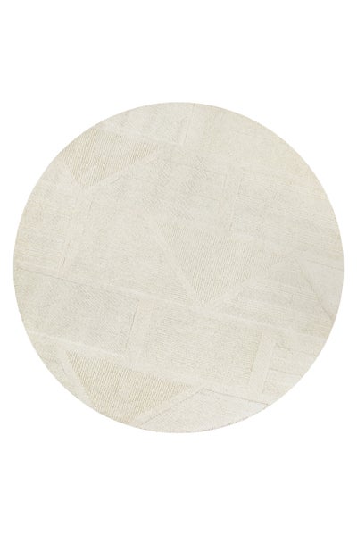Runder Teppich mit geometrischer Textur und strukturiertem Muster.