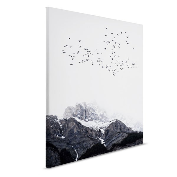 Leinwandbild mit Berglandschaft und Vogelschwarm