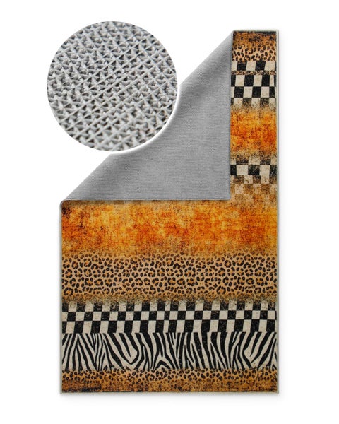 Teppichläufer mit Leopard-, Zebra- und Karomuster sowie einer Detailansicht der rutschhemmenden Rückseite.