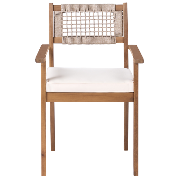 Gartenstuhl aus Holz mit Armlehnen und geflochtener Rückenlehne sowie Sitzkissen