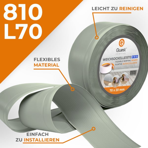 Quest Weichsockelleiste, Breite Sockelleiste 70 x 20 mm, PVC Knickleiste für Wand, Boden, Flexibel, Hellgrün, 1 Meter