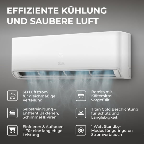 Wandklimaanlage mit 3D-Luftstrom, Selbstreinigungsfunktion, vorgefülltem Kältemittel, Titan Gold Beschichtung und Standby-Modus.