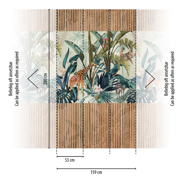 Fototapete mit Dschungelmotiv, Giraffe, Leopard und Holzlamellen-Optik, Maße 280 mal 159 Zentimeter, beliebig oft ansetzbar.