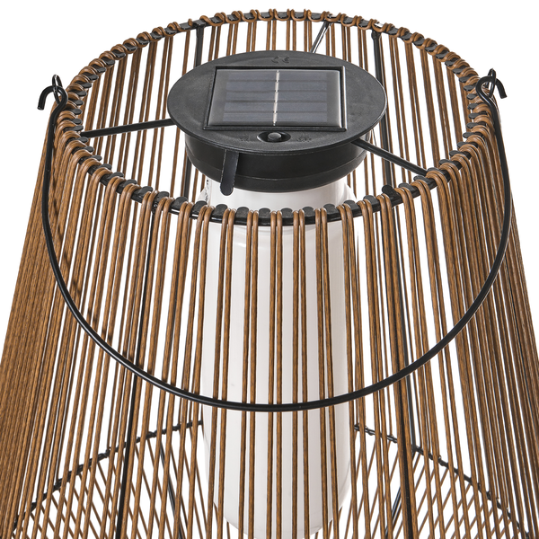 Solar-Gartenlaterne mit braunem Rippengehäuse, innenliegendem weißen Diffusor und einem Solarpanel auf der Oberseite.