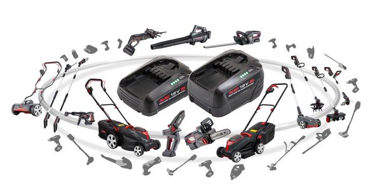 AL-KO 18 Volt Akku-System Bosch Home and Garden Compatible mit verschiedenen Gartengeräten wie Rasenmäher, Heckenschere und Laubbläser.