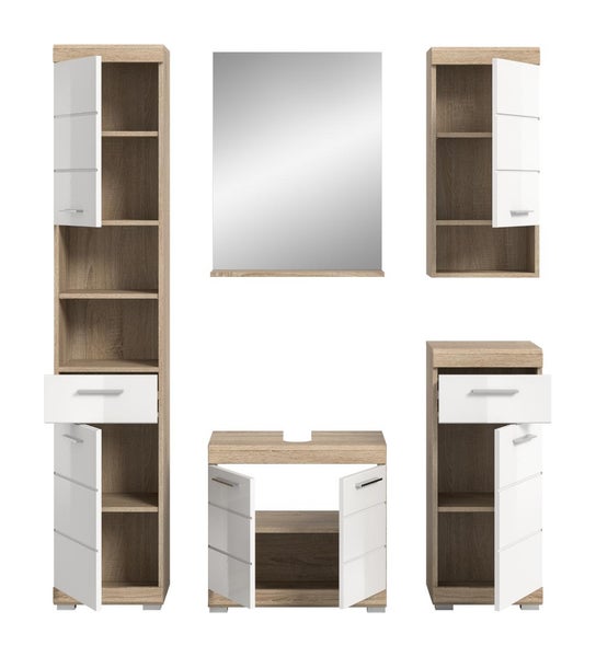 Badezimmermöbel-Set in Eiche-Optik mit weißen Fronten bestehend aus Hochschrank, Spiegel, Hängeschrank, Waschbeckenunterschrank und Beistellschrank.