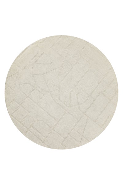 Runder Teppich mit geometrischem Reliefmuster in Cremeweiß.