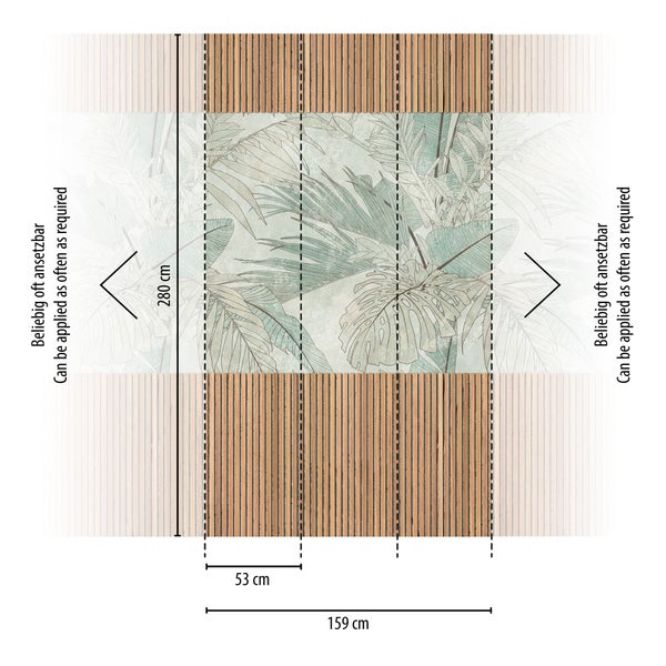 Fototapete mit Holzlatten-Design und tropischen Blättern, Maße 280 Zentimeter Höhe mal 159 Zentimeter Breite, beliebig oft ansetzbar.