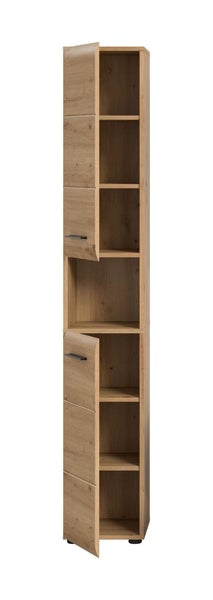 Hoher Badezimmerschrank in Eichenoptik mit zwei Türen, offenen Regalfächern und schwarzen Griffen.