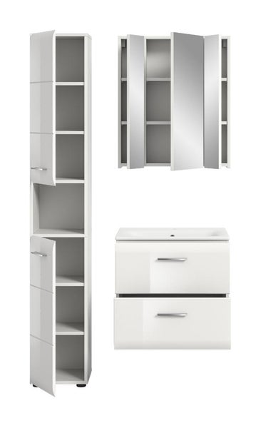 Badezimmermöbel Set mit Hochschrank, dreitürigem Spiegelschrank und Waschbeckenunterschrank mit zwei Schubladen und integriertem Waschbecken.