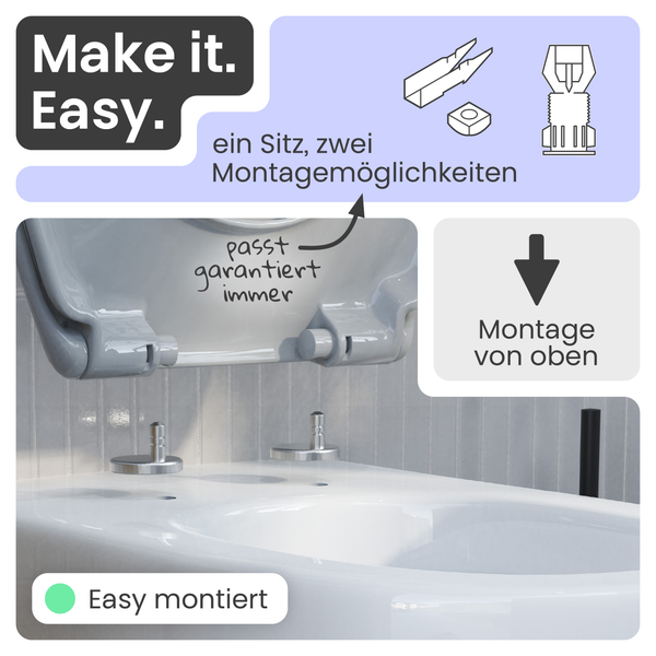 Illustration eines WC-Sitzes mit zwei Montagemöglichkeiten für einfache Montage