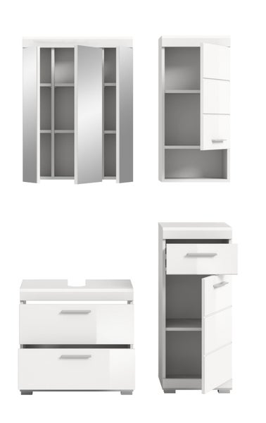 Badezimmermöbel-Set bestehend aus Spiegelschrank, Wandschrank, Waschbeckenunterschrank und Seitenschrank mit Türen und Schubladen.