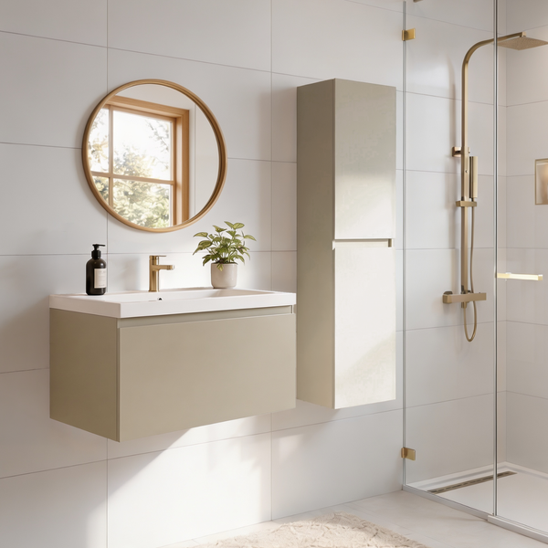 Modernes Badezimmer mit hängendem Waschtisch, hohem Seitenschrank, rundem Spiegel und goldener Duscharmatur vor weißen Fliesen.