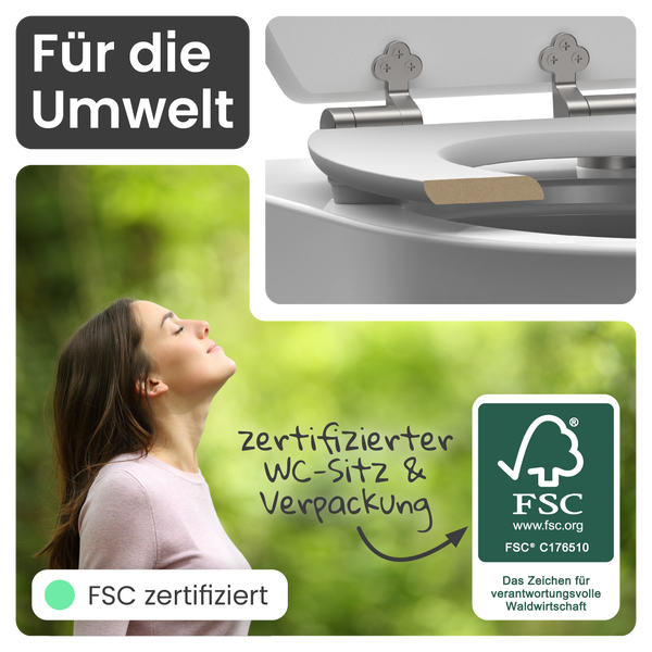 Umweltfreundlicher WC-Sitz und Verpackung mit FSC Siegel