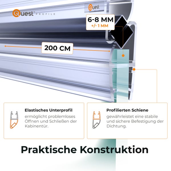 Quest Profil für Duschkabinen, 200 cm lang, geeignet für 6 bis 8 Millimeter Glasstärke