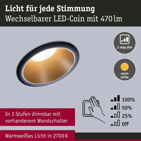 Set aus drei LED Einbaustrahlern mit 18 Watt Leistung, inklusive technischer Zeichnung, Maßen und dreistufiger Dimmfunktion sowie 5 Jahre Garantie.