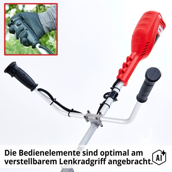 Verstellbarer Lenkergriff einer Motorsense mit integrierten Bedienelementen und Handgriff mit Handschuh