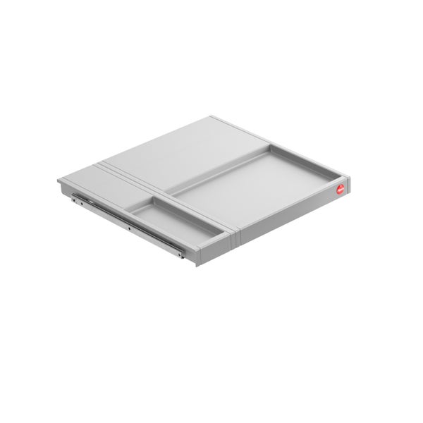 Hailo Auszugstablar für Küchenschränke mit integrierten Ablagefächern, Metallschienen und Hailo Logo.