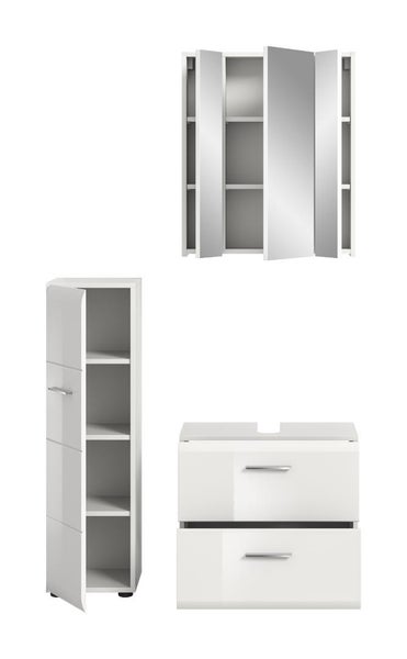 Weißes Badezimmermöbel-Set bestehend aus dreitürigem Spiegelschrank, Hochschrank mit Regalböden und Waschbeckenunterschrank mit zwei Schubladen.