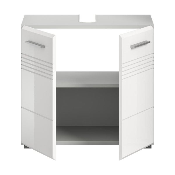 Waschbeckenunterschrank mit zwei offenen Türen und zwei Regalen