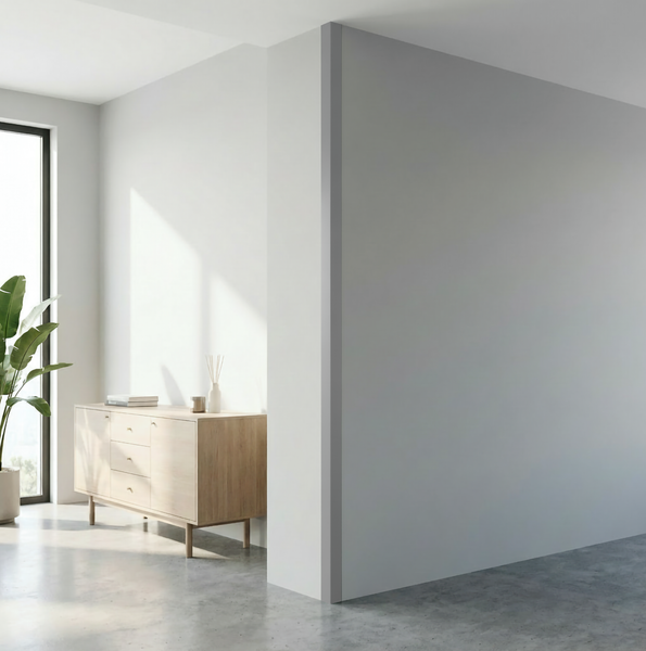 Heller Wohnraum mit holzfarbenem Sideboard, Zimmerpflanze und glatt verputzter Wand in moderner Inneneinrichtung.