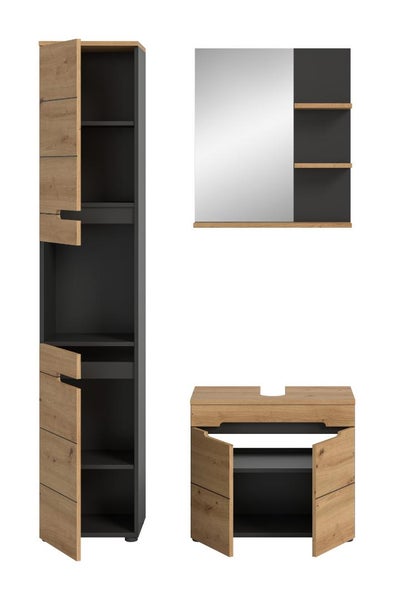 Dreiteiliges Badezimmermöbel-Set in Anthrazit und Eiche-Optik mit Hochschrank, Waschbeckenunterschrank und Spiegelregal.