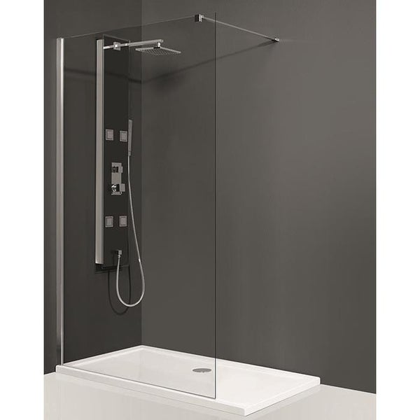 Walk-in Dusche mit Glaswand, Duschwanne und Duschpaneel mit Kopf- und Handbrause in moderner Gestaltung.
