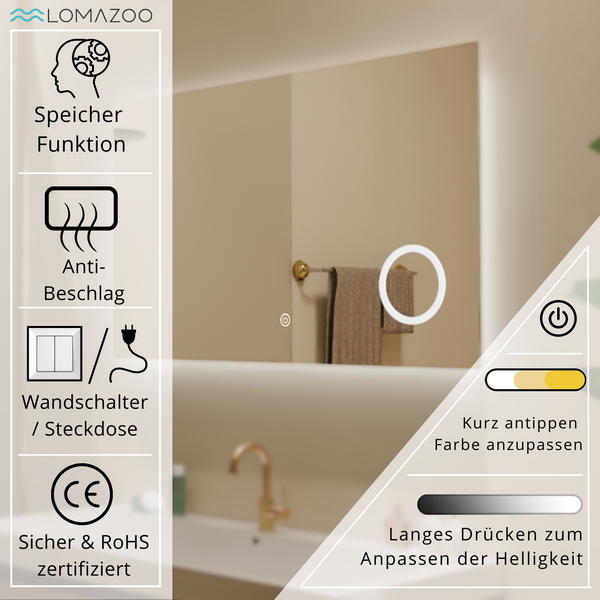 Lomazoo Badezimmerspiegel mit LED Beleuchtung, Speicherfunktion, Antibeschlag Heizung, Wandschalter oder Steckdosenanschluss und CE RoHS Zertifikat